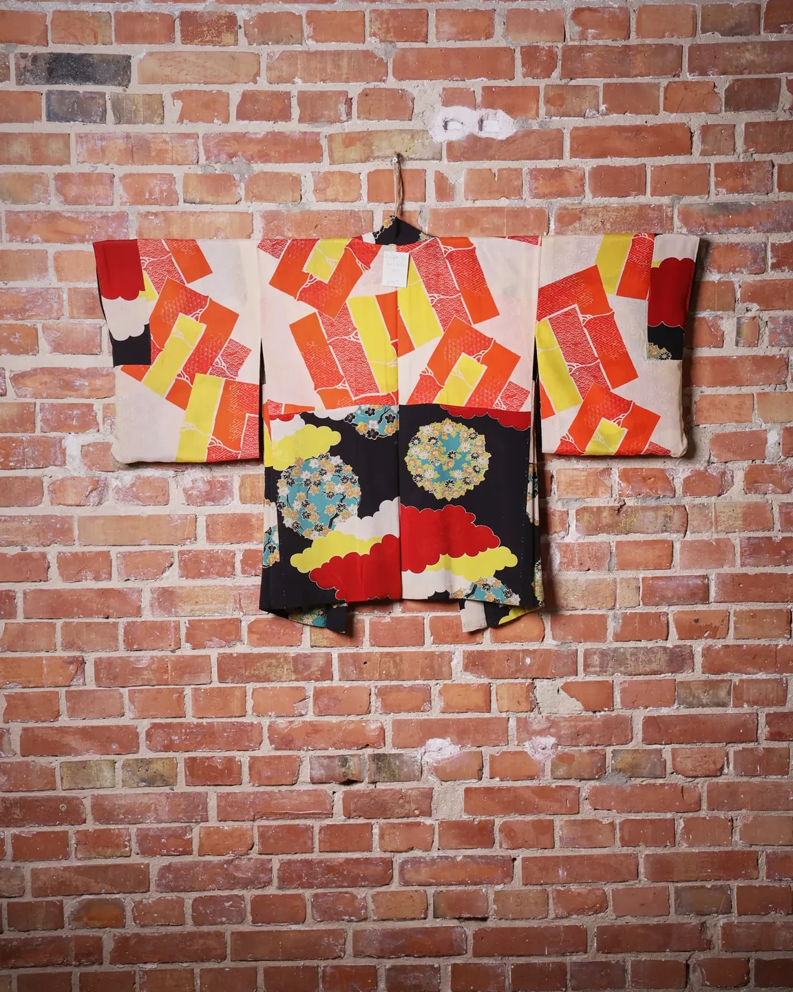 Black haori with colourful clouds and floral circles — view 5
