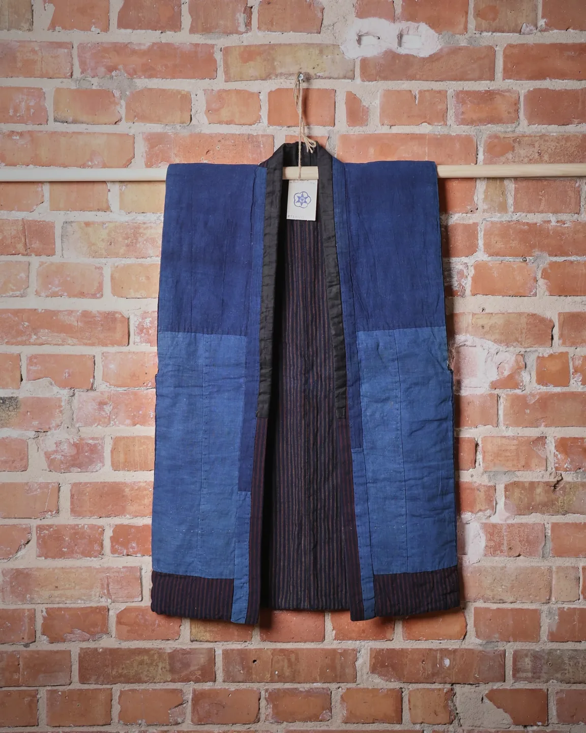 Indigo farmer’s vest with fine inner stripes — view 1