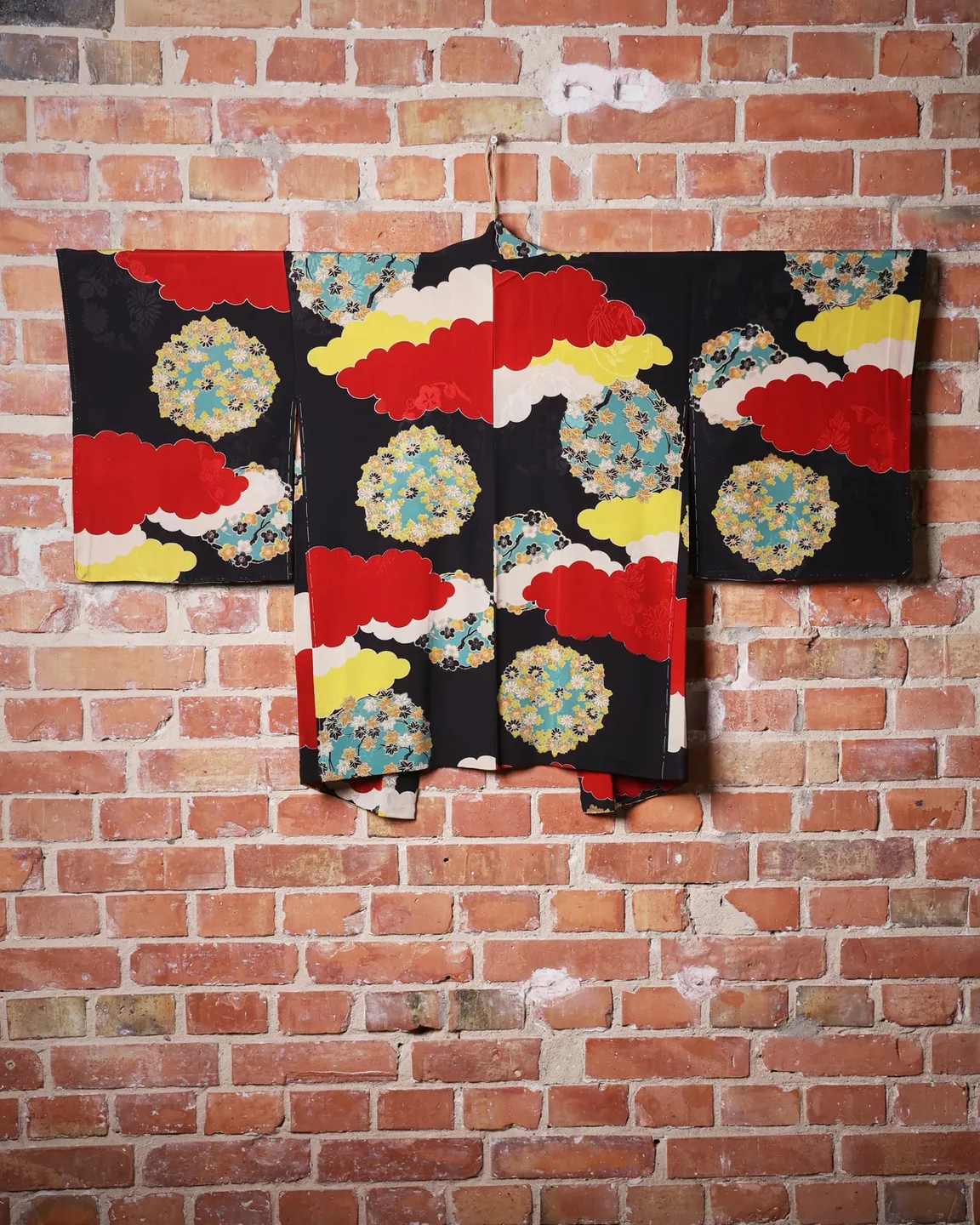 Black haori with colourful clouds and floral circles — view 3