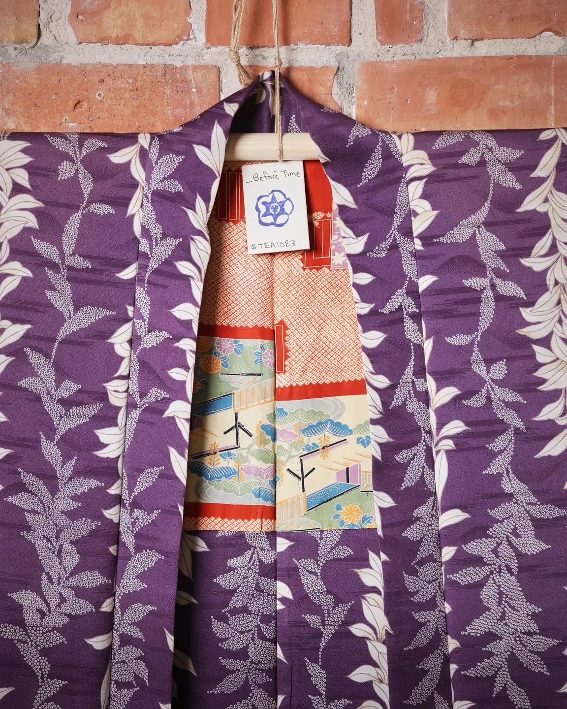 Plum haori with pale vertical leaves — view 2
