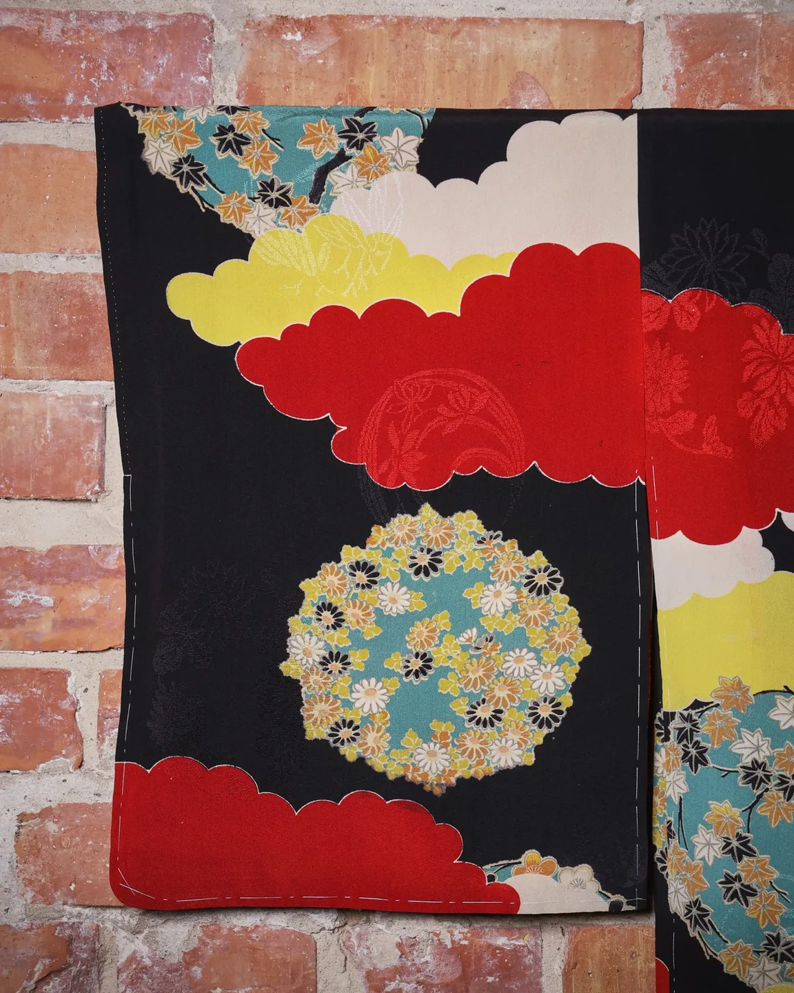 Black haori with colourful clouds and floral circles — view 2