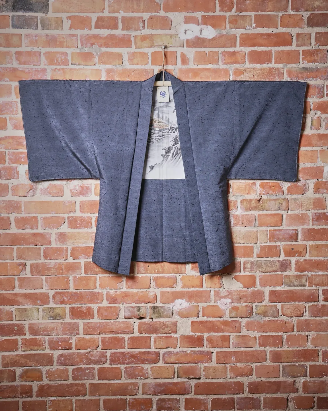 Grey-blue haori with a mountain landscape lining — view 1