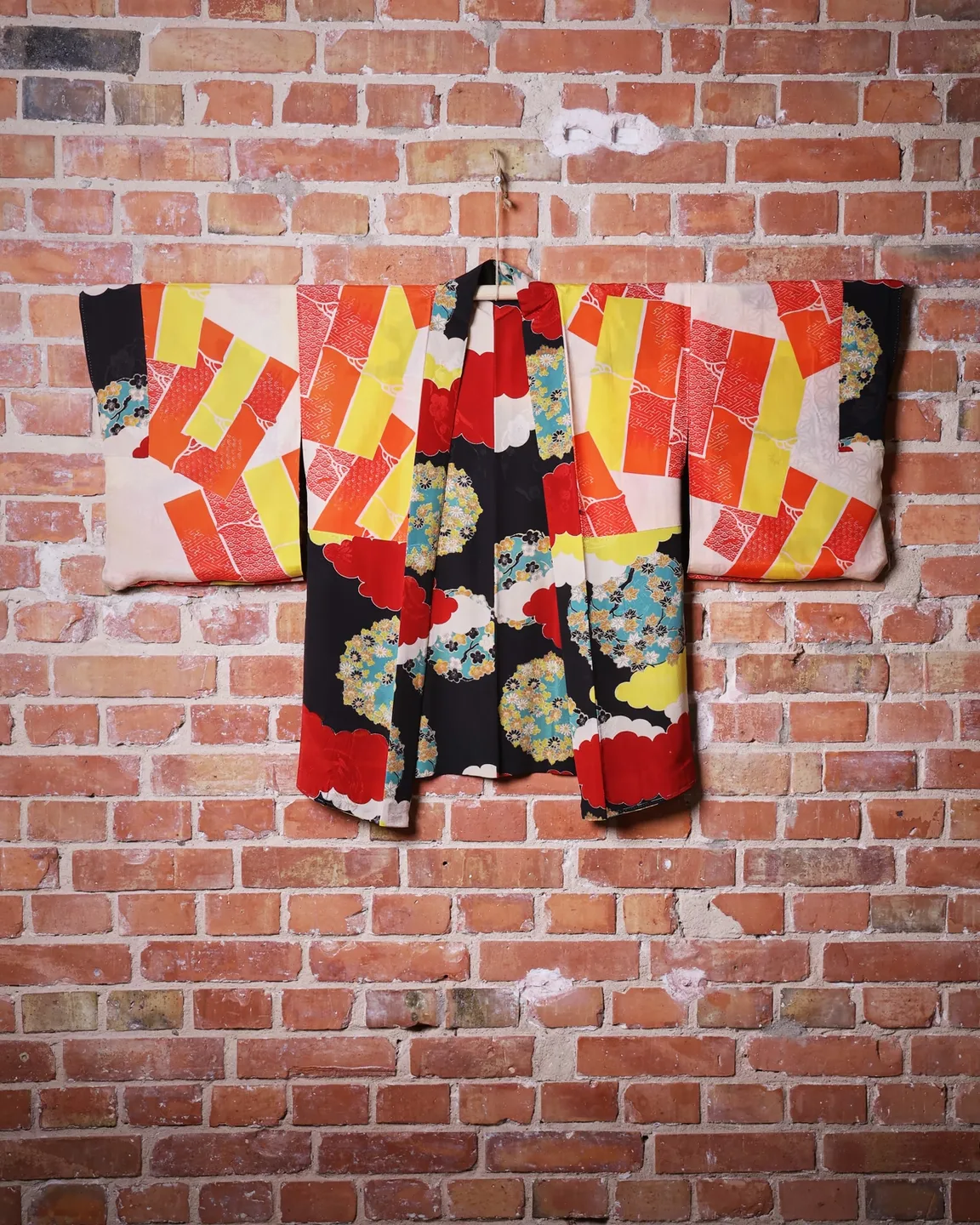 Black haori with colourful clouds and floral circles — view 4