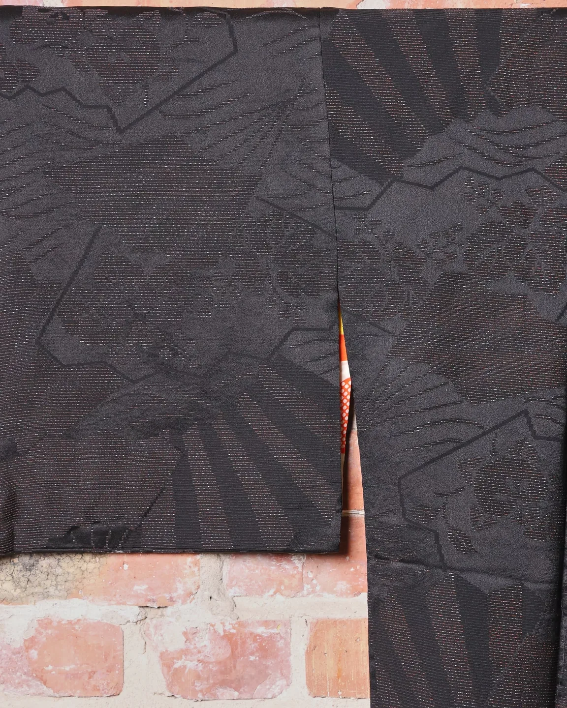 Black haori with a woven pattern and floral lining — view 2